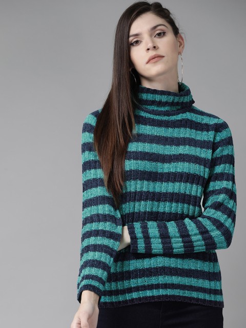 

Roadster Women Navy Blue & Green Striped Pullover Sweater