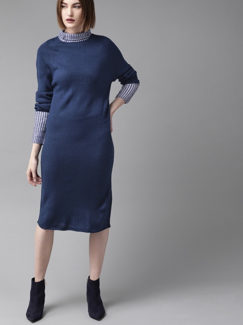 The Roadster Lifestyle Co Women Navy Blue Solid Sweater Dress