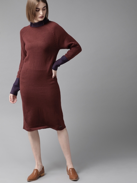 

Roadster Women Rust Red Solid Sweater Dress