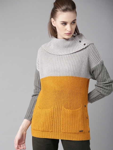 

Roadster Women Grey & Mustard Yellow Colourblocked Pullover