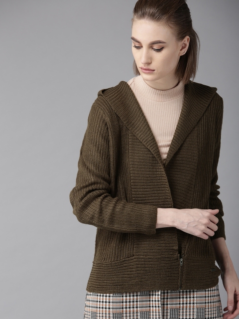 

Roadster Women Olive Green Solid Front-Open Sweater
