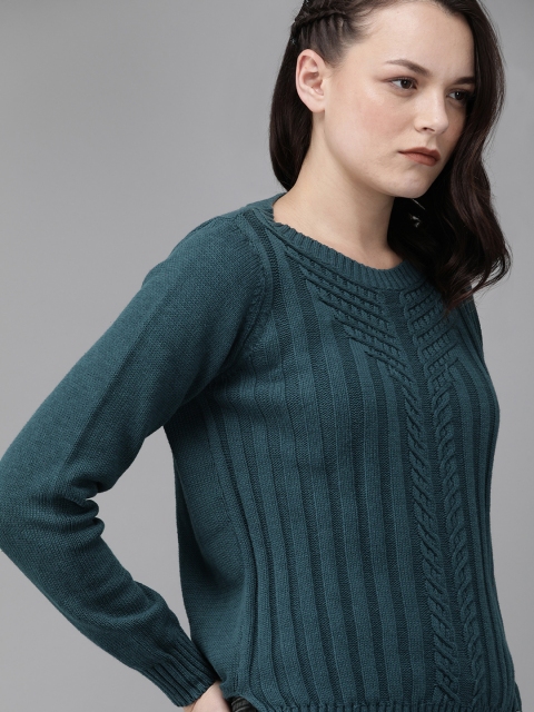 

Roadster Women Teal Blue Self Design Pullover Sweater