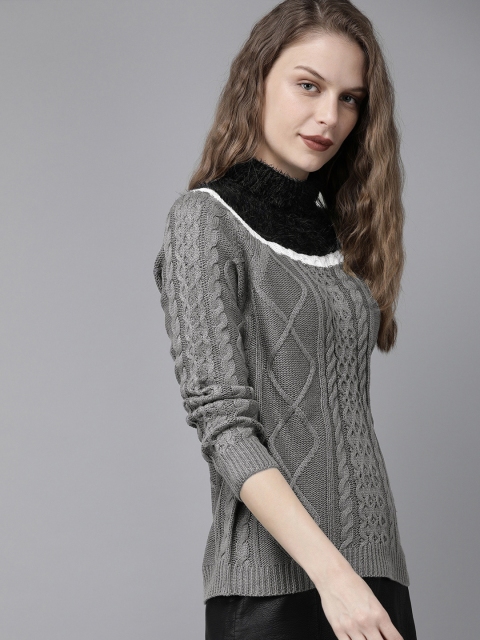 

Roadster Women Grey Self Design Pullover Sweater