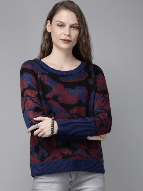 

Roadster Women Black & Navy Blue Self Design Pullover Sweater