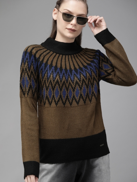 

Roadster Women Olive Green Self Design Pullover Sweater