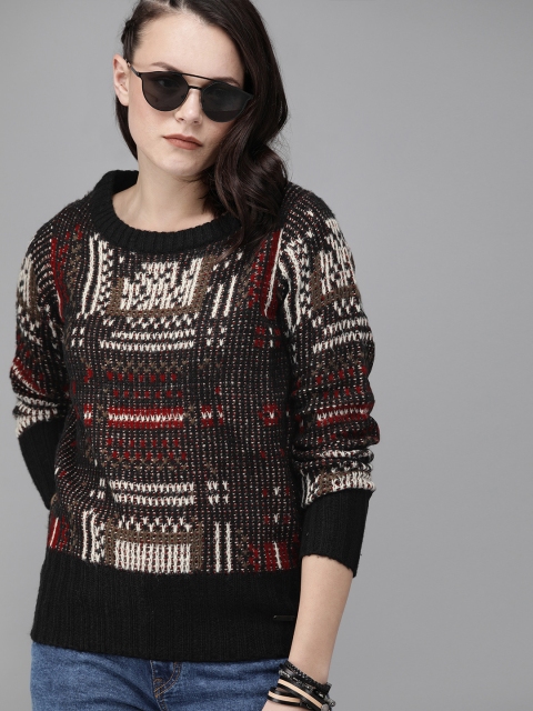 

Roadster Women Black & White Self Design Pullover Sweater