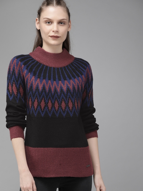 

Roadster Women Burgundy Self Design Pullover Sweater
