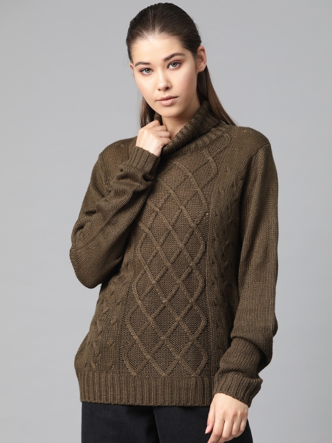 

Roadster Women Olive Brown Self-Design Sweater