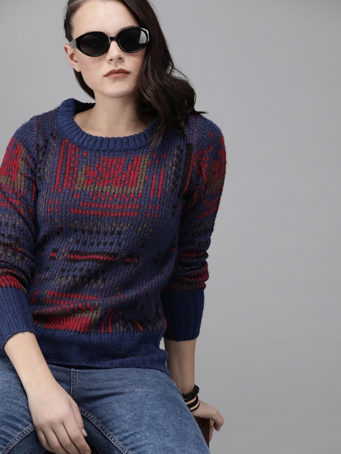 

Roadster Women Blue & Red Self Design Pullover Sweater