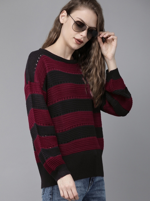 

Roadster Women Black & Burgundy Striped Pullover Sweater