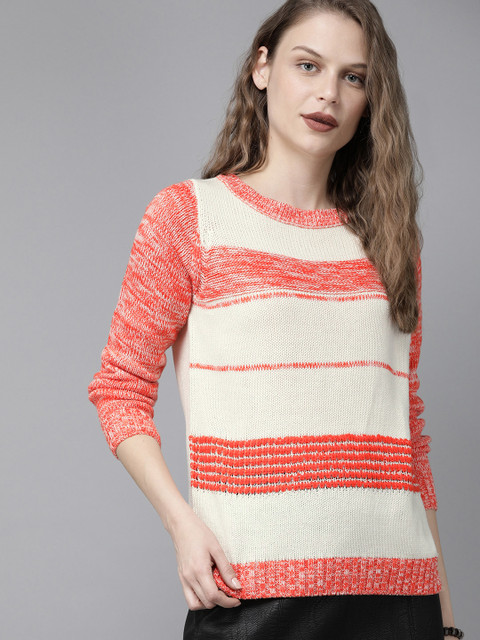 

Roadster Women Off-White & Orange Self-Striped Pullover Sweater