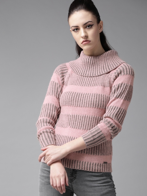 

Roadster Women Pink & Charcoal Grey Striped Pullover