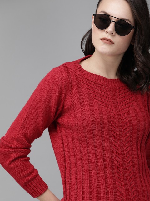 

The Roadster Lifestyle Co Women Red Self Design Pullover Sweater
