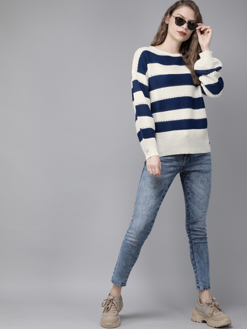 

Roadster Women Off-White & Navy Blue Striped Pullover Sweater