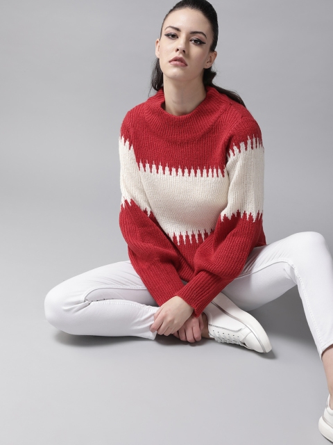 

Roadster Women Red & Off-White Colourblocked Pullover