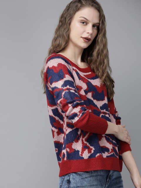 

Roadster Women Red & Pink Self Design Pullover Sweater