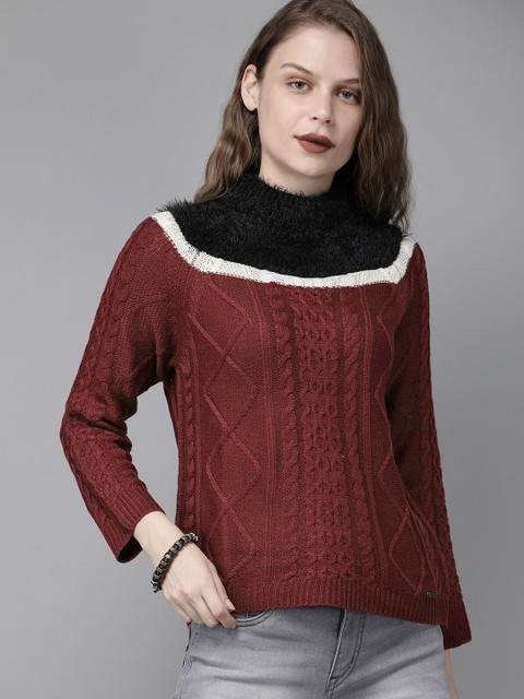 

Roadster Women Burgundy Self Design Pullover Sweater
