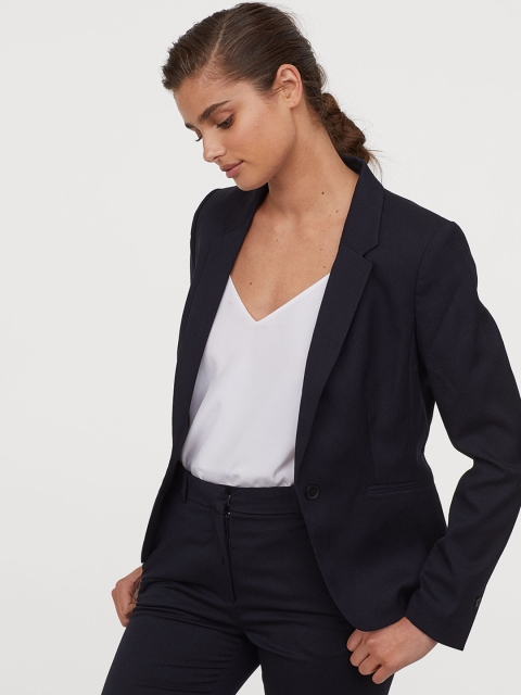 

H&M Women Navy Blue Solid Fitted Blazer