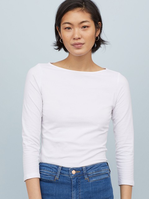 

H&M Women White Solid Boat-Necked Jersey Top