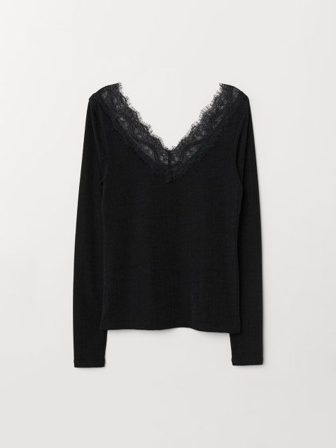 

H&M Women Black Solid Top With Lace Details