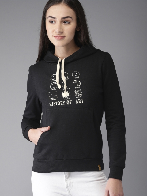 

Campus Sutra Women Black Printed Hooded Sweatshirt