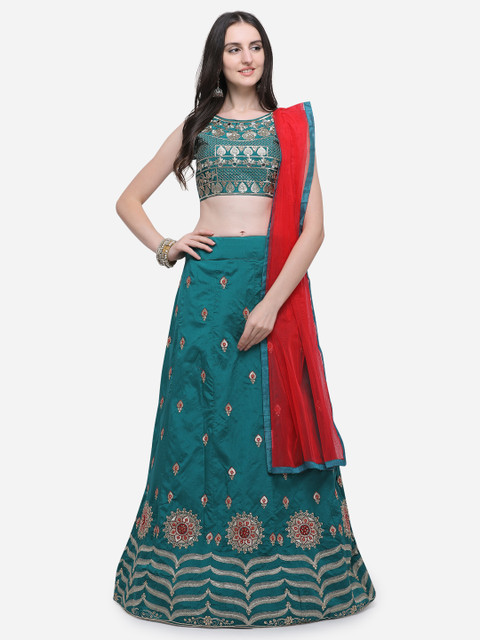 

Aasvaa Teal Green & Red Embroidered Semi-Stitched Lehenga & Unstitched Blouse with Dupatta