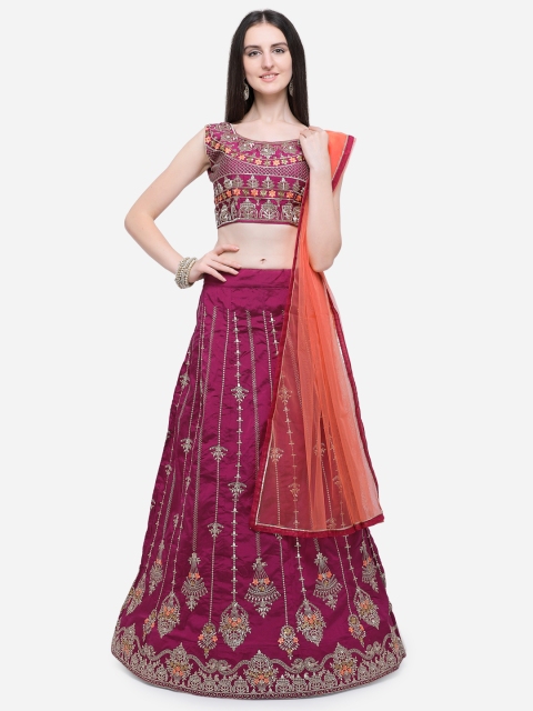

Aasvaa Magenta & Peach-Coloured Embroidered Semi-Stitched Lehenga & Unstitched Blouse with Dupatta