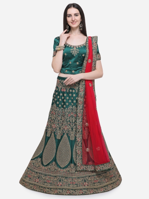 

Aasvaa Green & Red Embroidered Semi-Stitched Lehenga & Unstitched Blouse with Dupatta