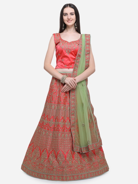 

Aasvaa Pink & Green Embroidered Semi-Stitched Lehenga & Unstitched Blouse with Dupatta