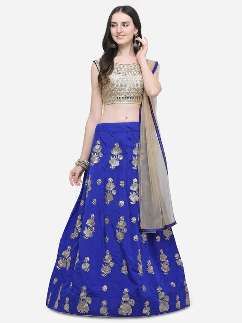 

Aasvaa Blue & Beige Embroidered Semi-Stitched Lehenga & Unstitched Blouse with Dupatta