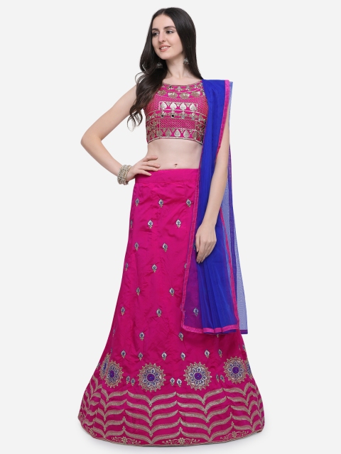 

Aasvaa Pink & Blue Embroidered Semi-Stitched Lehenga & Unstitched Blouse with Dupatta