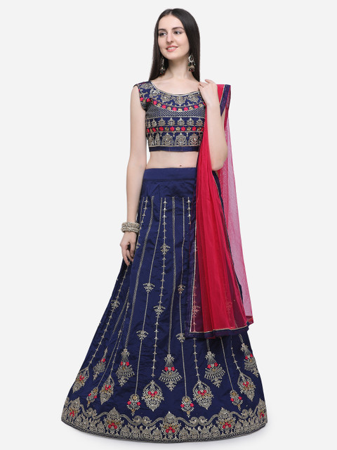 

Aasvaa Navy Blue & Red Embroidered Semi-Stitched Lehenga & Unstitched Blouse with Dupatta