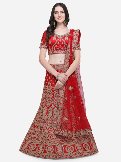 

Aasvaa Red & Off-White Embroidered Semi-Stitched Lehenga & Unstitched Blouse with Dupatta