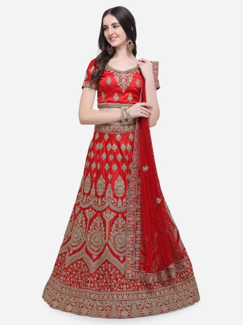 

Aasvaa Red & Gold-Toned Embroidered Semi-Stitched Lehenga & Unstitched Blouse with Dupatta