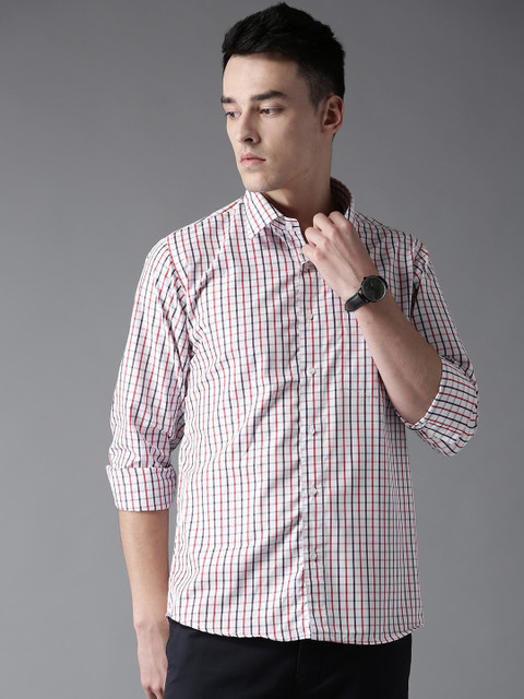 

DENNISON Men White and Red Checked Smart Slim Fit Casual Shirt