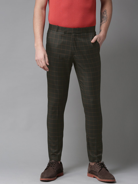 

DENNISON Men Olive Green & Orange Smart Tapered Fit Checked Regular Trousers