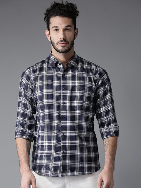 

DENNISON Men Navy Blue & Off-White Smart Slim Fit Checked Casual Shirt