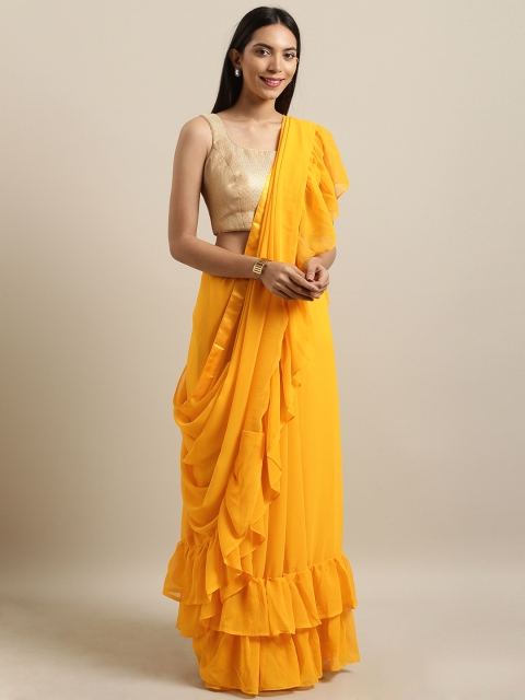 

Tikhi Imli Yellow Solid Poly Georgette Ruffled Saree