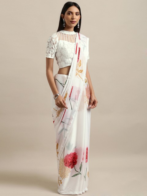 

Tikhi Imli White & Pink Poly Crepe Printed Saree