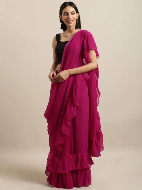 

Tikhi Imli Pink Solid Poly Georgette Ruffled Saree