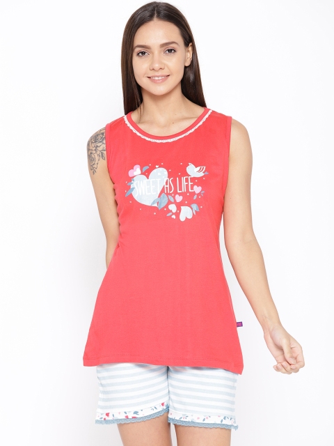 

July Nightwear Women Coral Pink & Blue Printed Night Suit JDD118