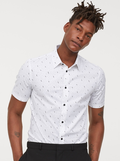 

H&M Men White Printed Cotton Shirt Muscle Fit