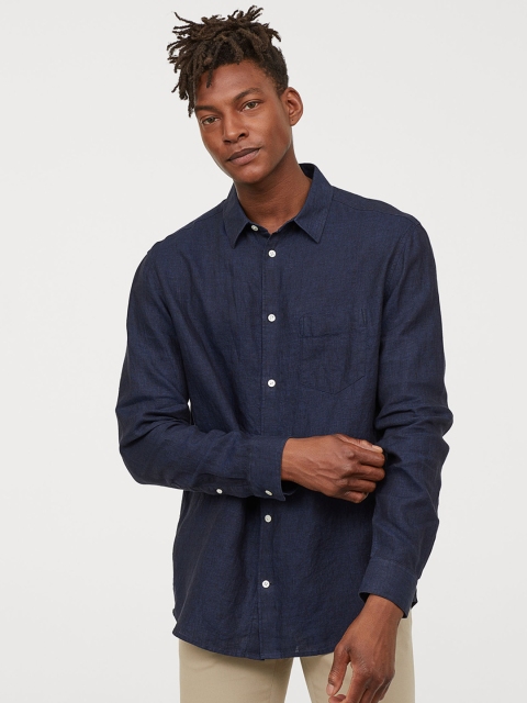 

H&M Men Blue Solid Linen Shirt