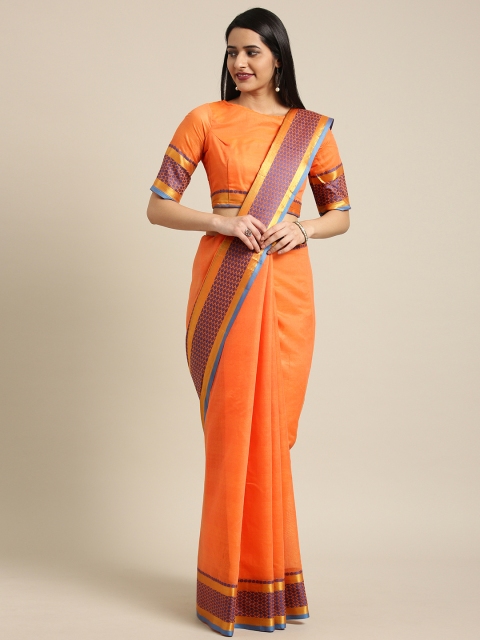 

Inddus Orange & Navy Blue Cotton Blend Solid Saree