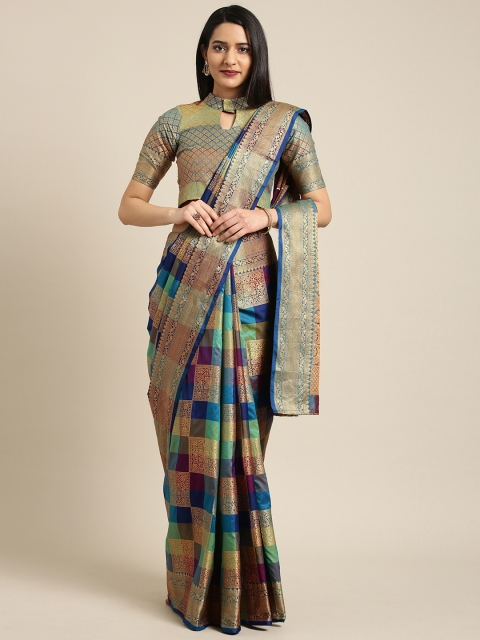 

Inddus Green & Gold-Toned Silk Blend Woven Design Saree