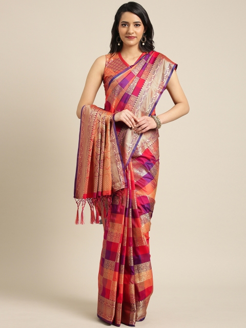 

Inddus Red & Pink Silk Blend Checked Saree