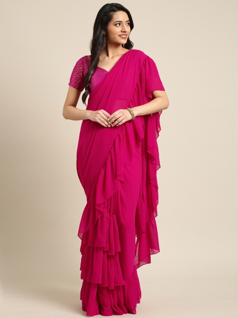 

Inddus Magenta Pink Solid Poly Georgette Ruffled Saree