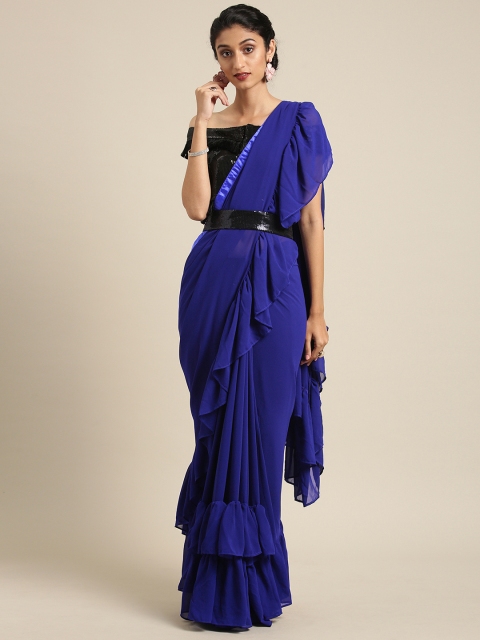 

Inddus Navy Blue Solid Poly Georgette Saree