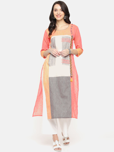 

Soch Women Peach-Coloured & Beige Printed Straight Kurta