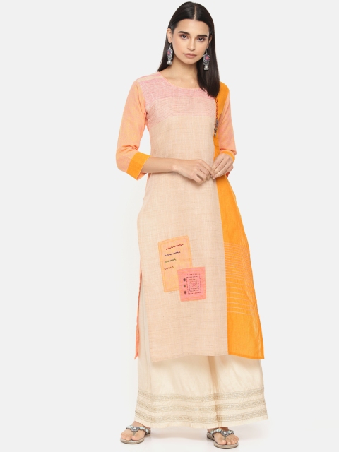 

Soch Women Beige & Mustard Yellow Colourblocked Straight Kurta